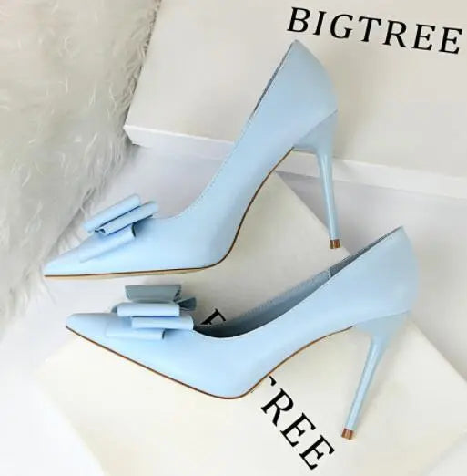 2023 Fashion Delicate Sweet Bowknot High Heel Shoes Side Hollow Pointed Women Pumps Toe 10.5Cm Thin