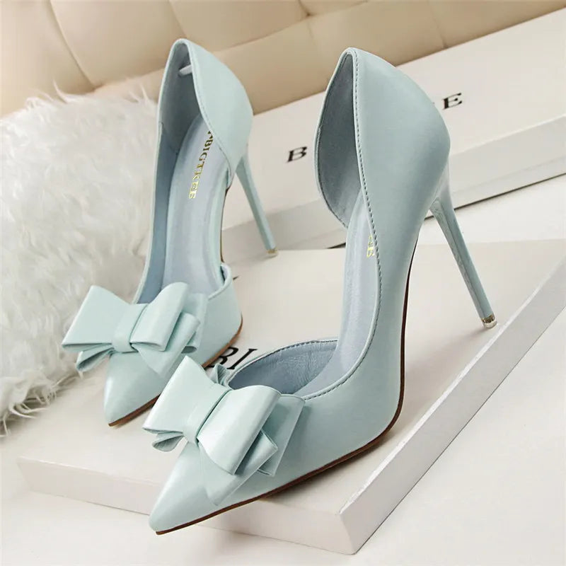 2023 Fashion Delicate Sweet Bowknot High Heel Shoes Side Hollow Pointed Women Pumps Toe 10.5Cm Thin
