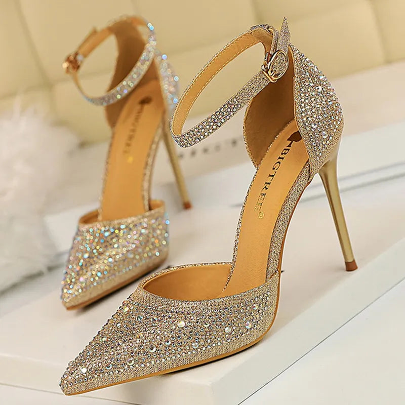 Sexy Women 10Cm High Heels Sandals Wedding Glitter Bridal Champagne Gold Pumps Fetish Stiletto
