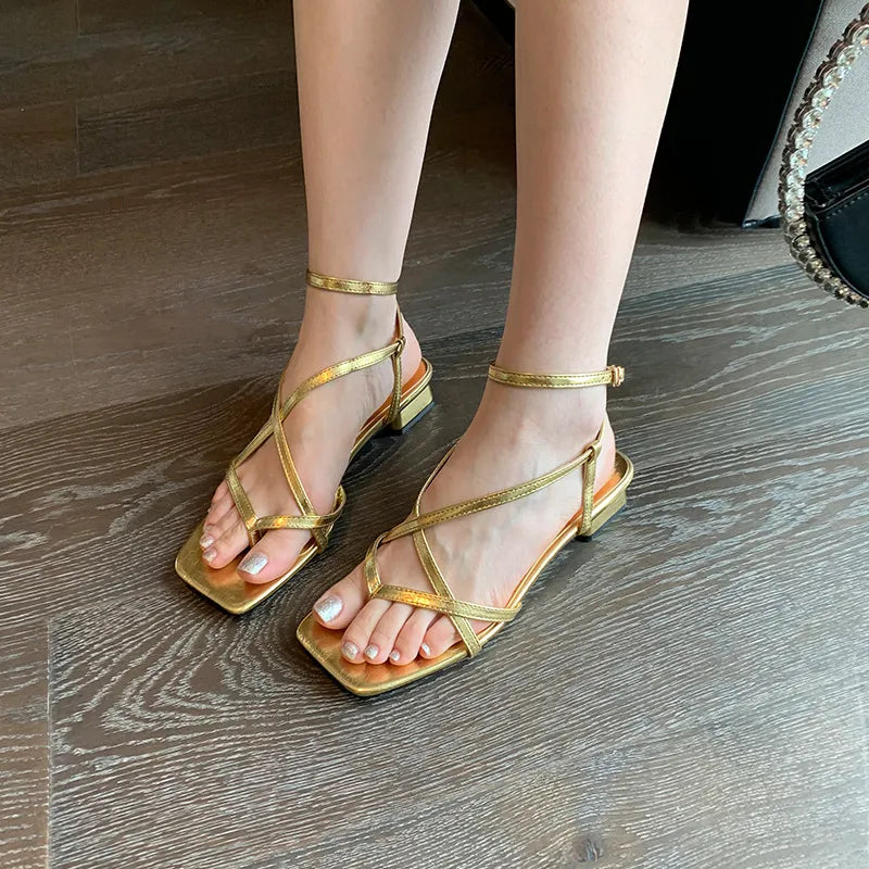 Women Sandals Fashion Casual Outside 2023 Summer Square Toe Korean Style Female Shoes For Cross-Tied