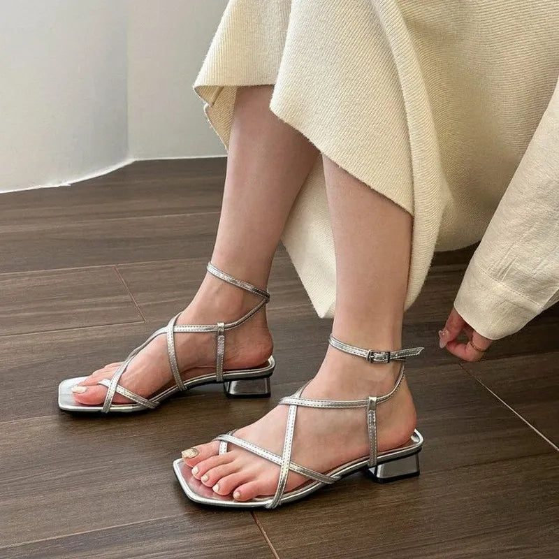 Women Sandals Fashion Casual Outside 2023 Summer Square Toe Korean Style Female Shoes For Cross-Tied