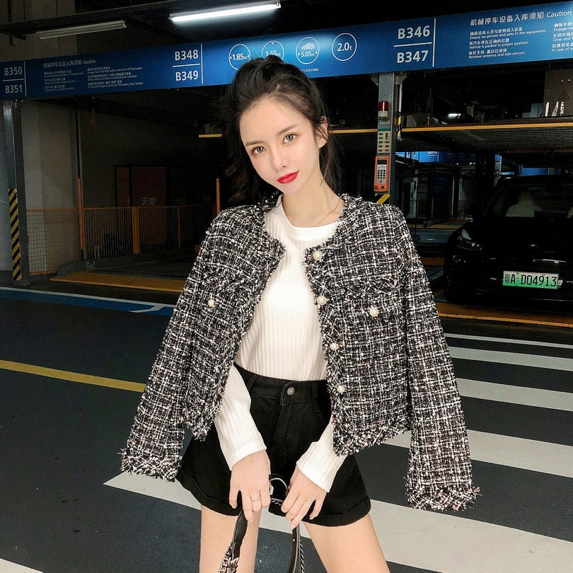 Smthma New Fashion Spring Women High Quality Single-Breasted Tweed Woolen Coat Round Neck Long