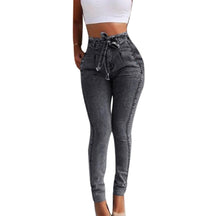 Plus Size Jeans Woman Belted High Waist Skinny Denim Pants For Women Sexy Pencil Trouser Grey / S