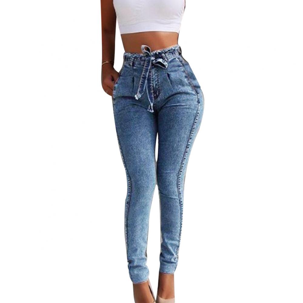 Plus Size Jeans Woman Belted High Waist Skinny Denim Pants For Women Sexy Pencil Trouser Light Blue