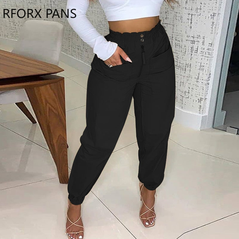 Women Pants Zipper Button Pocket Design Shirring Detail Casual For 2021 Black / S