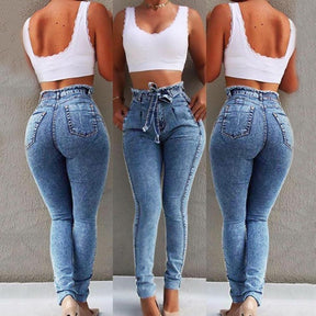 Plus Size Jeans Woman Belted High Waist Skinny Denim Pants For Women Sexy Pencil Trouser