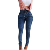 Plus Size Jeans Woman Belted High Waist Skinny Denim Pants For Women Sexy Pencil Trouser Dark Blue /