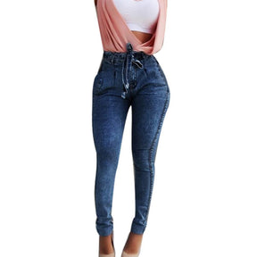 Plus Size Jeans Woman Belted High Waist Skinny Denim Pants For Women Sexy Pencil Trouser Dark Blue /