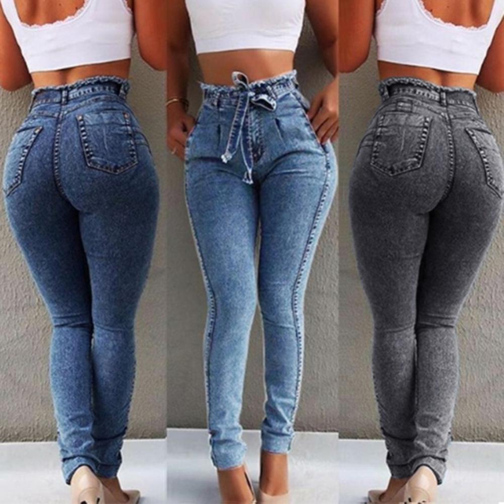 Plus Size Jeans Woman Belted High Waist Skinny Denim Pants For Women Sexy Pencil Trouser