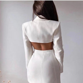 Women Elegant Blazer Solid Double Breasted Backless Long Sleeve Thin Slim Blazers Office Lady