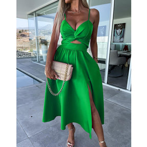 Women Sexy V-Neck Backless Sling Dress Summer Fashion Twist Design Hollow Out Long Casual Sleeveless