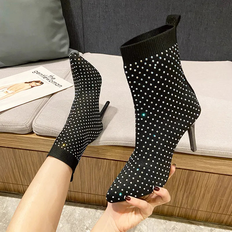 2023 Fashion Sexy Crystal Rhinestone Stretch Fabric Ankle Boots For Woman Pointed Toe Shoes Party