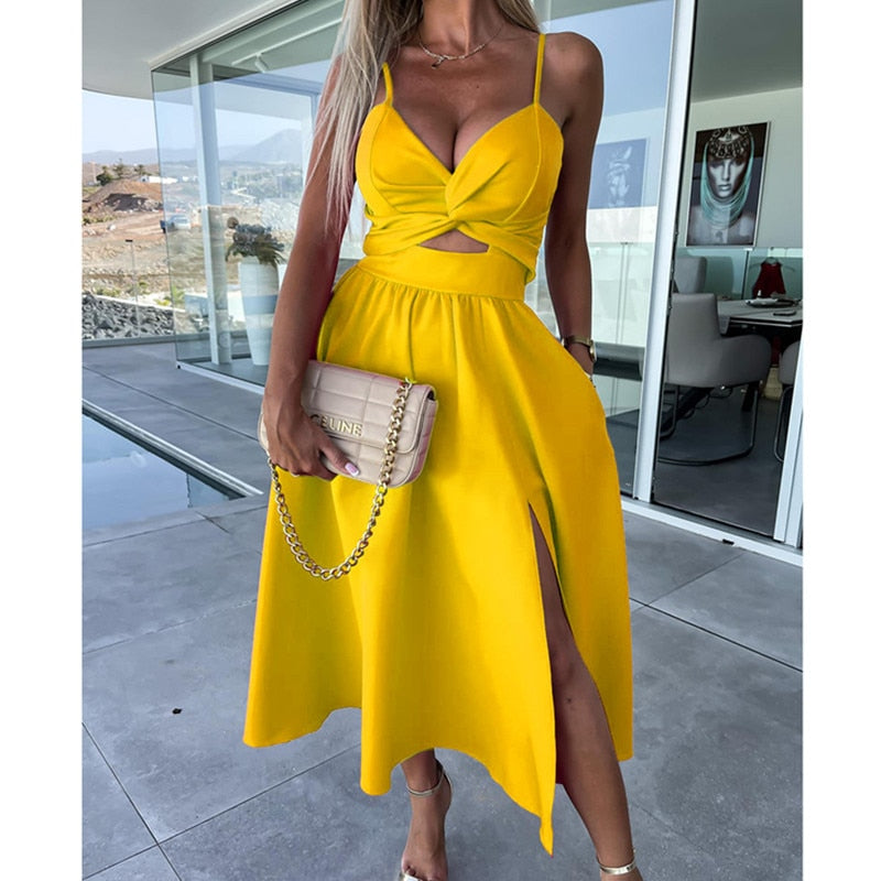 Women Sexy V-Neck Backless Sling Dress Summer Fashion Twist Design Hollow Out Long Casual Sleeveless