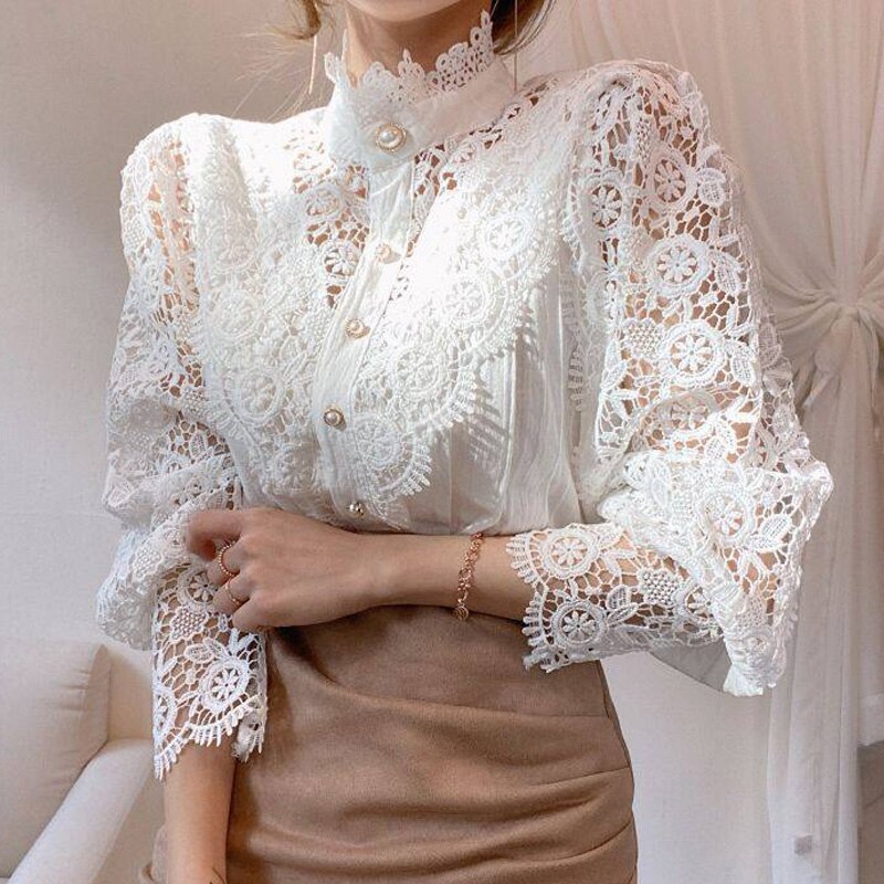 New Vintage White Lace Blouse Shirts Women 2023 Korean Button Loose Shirt Tops Female Hollow Casual