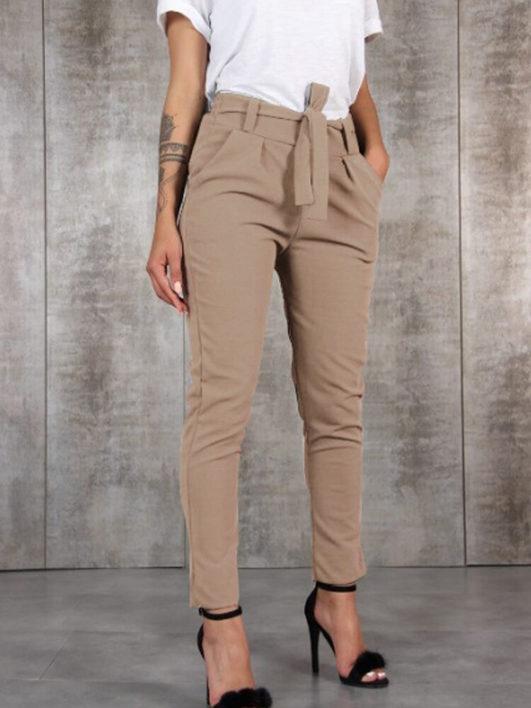 Women Pocket Design Pencil Pant Lace Up Waist Casual Pants Cargo Slim Trousers Khaki / S