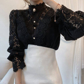 New Vintage White Lace Blouse Shirts Women 2023 Korean Button Loose Shirt Tops Female Hollow Casual