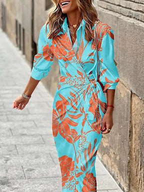 New Spring Summer One Piece Printed Dress Long Sleeve Temperament Shirt Skirt Holiday Party For