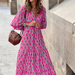 Women Dress Summer Puff Sleeve Boho V Neck Printing Long Loose Holiday Beach Female Casual Floral