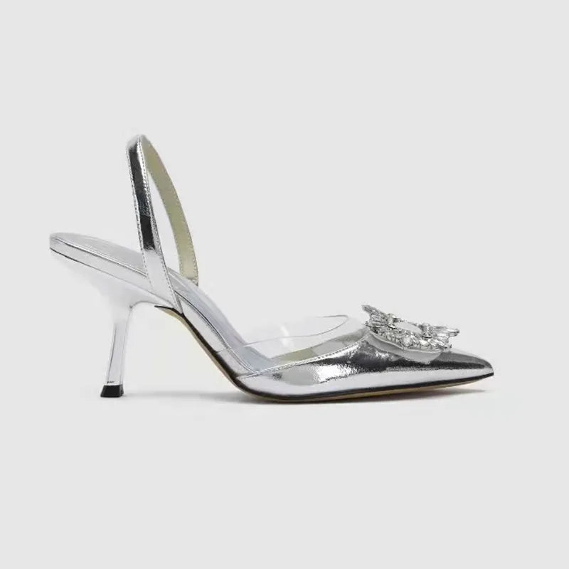 Brand Designer Silver High Heels Sandals Women 2023 Summer Crystal Square Buckle Woman Pointed Toe