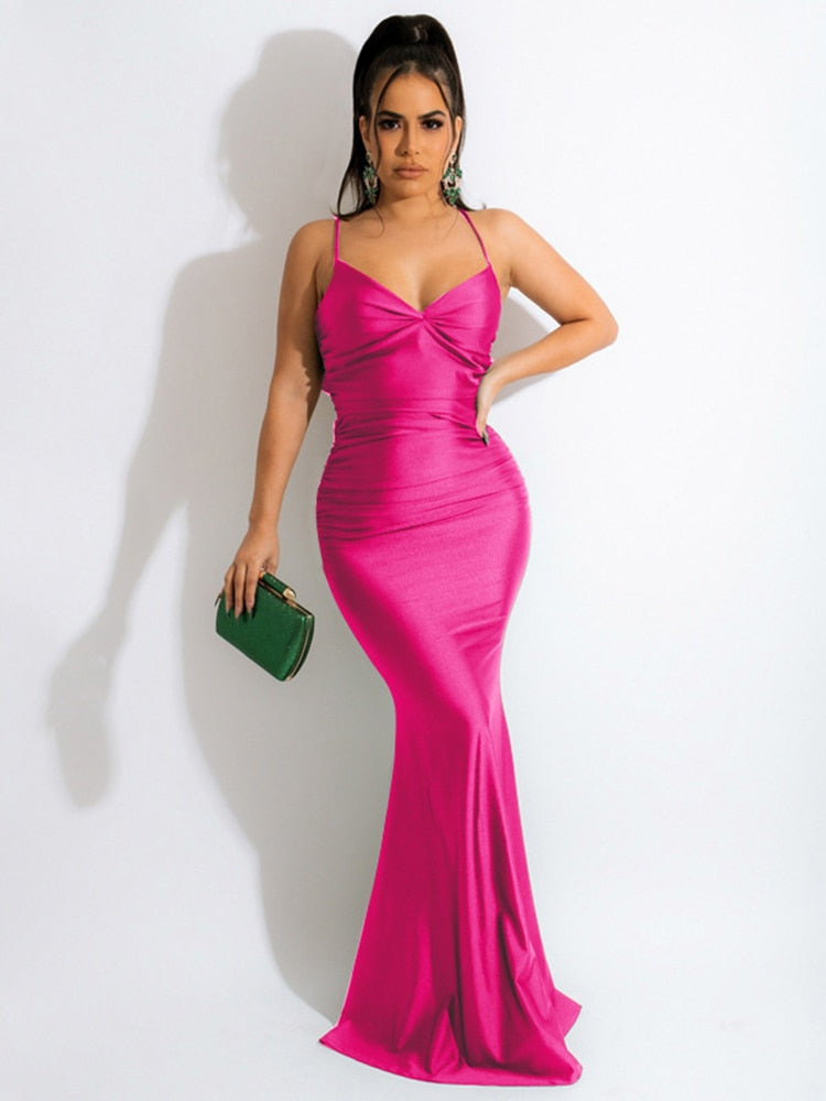 Dulzura Ruched Lace Up Backless Satin Maxi Dress For Women Bodycon Sexy Party Elegant Clothes
