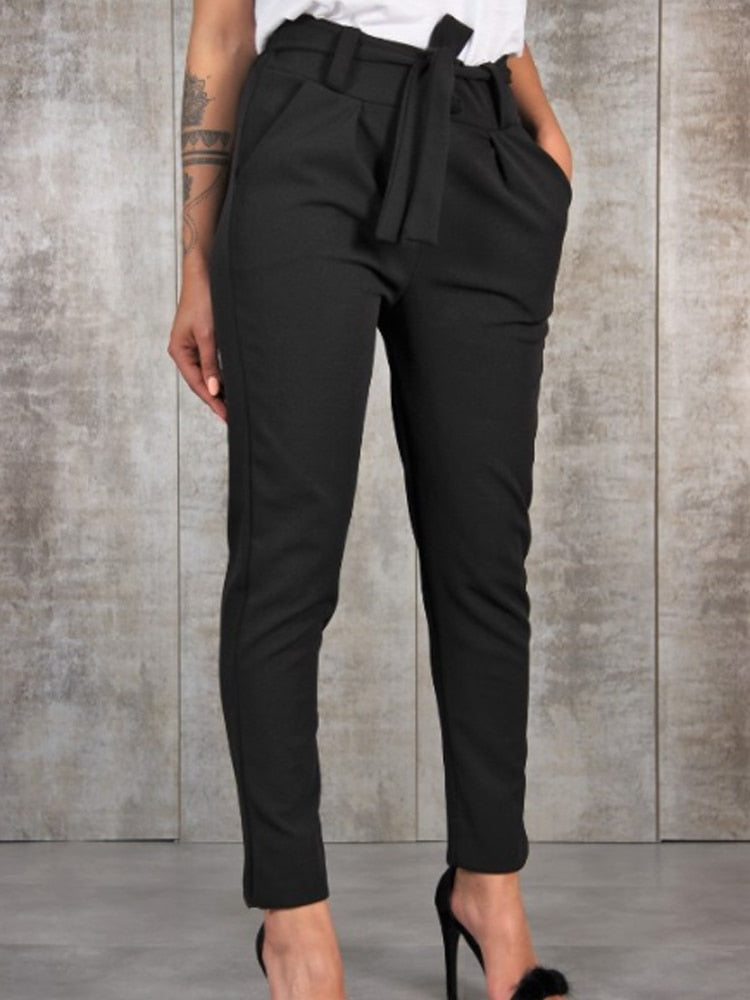 Women Pocket Design Pencil Pant Lace Up Waist Casual Pants Cargo Slim Trousers Black / S