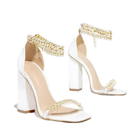 Maogu Fashion Gold Sexy Sandals Ankle Strap Chunky High Heels Lady Peep Toe Pumps Summer Women Chain