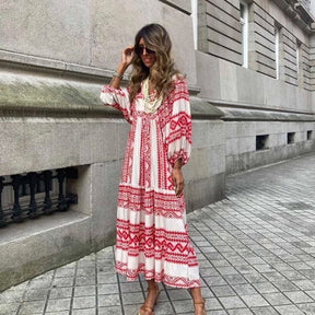 Women Dress Summer Puff Sleeve Boho V Neck Printing Long Loose Holiday Beach Female Casual Floral