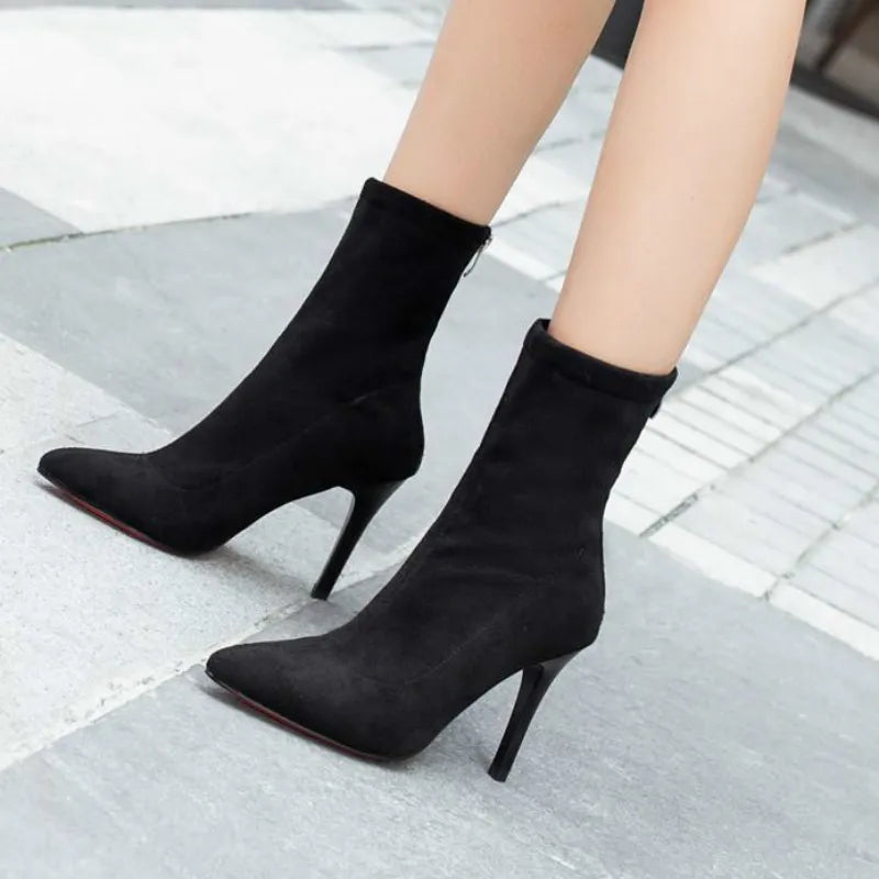 Hot Mid-Barrel Boots Elastic Pointed Toe Thin Heels For Women Mujer Black Ankle Stretch Fabric