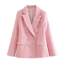 Beige Tweed Women Blazer Jacket 2022 New Office Lady Solid Color Double Breasted Button Up Coat