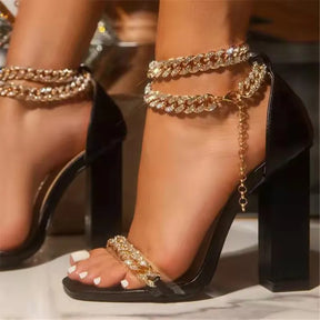 Maogu Fashion Gold Sexy Sandals Ankle Strap Chunky High Heels Lady Peep Toe Pumps Summer Women Chain
