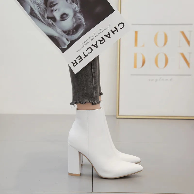 New Spring Autumn Boots Womens Shoes High Heels Winter Woman White Pointed Thick Heel Women Dress