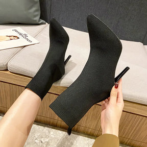 2023 Fashion Sexy Crystal Rhinestone Stretch Fabric Ankle Boots For Woman Pointed Toe Shoes Party