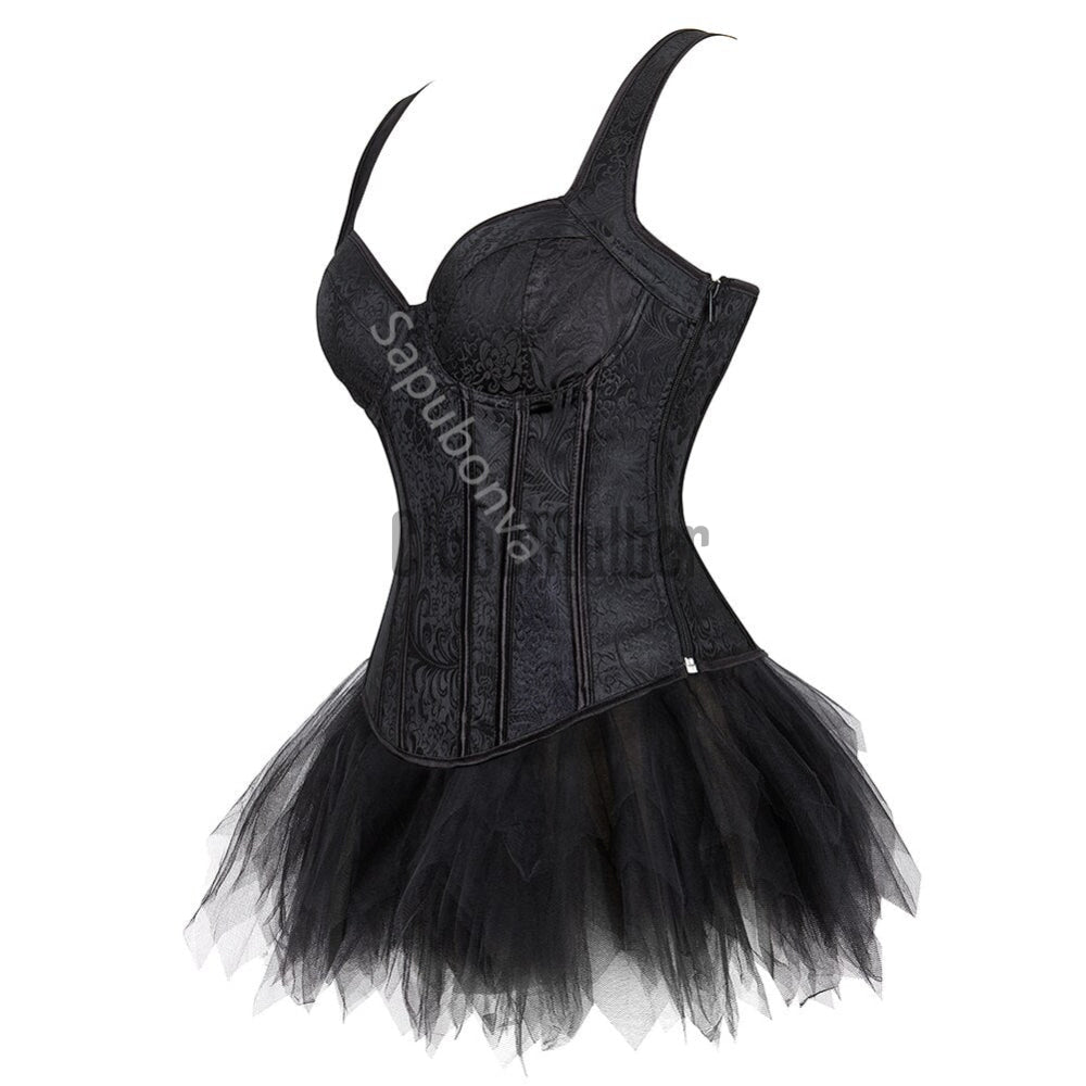 Corset Dress Plus Size Gothic Tutu Skrits Overbust Bustier With Straps Suspenders Zip Costume Party