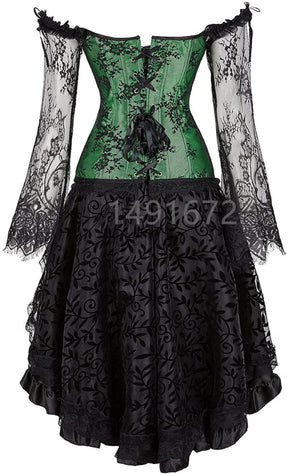 Corset Dress Long Sleeves Bustier And Skirt Set Gothic Floral Lace Up Showgirl Clubwear Lingerie