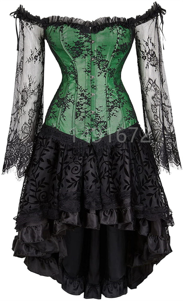 Corset Dress Long Sleeves Bustier And Skirt Set Gothic Floral Lace Up Showgirl Clubwear Lingerie