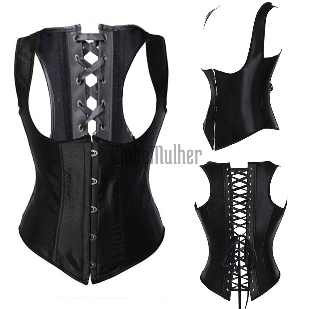 Corselet Com Alça Corino Preto Plus Size