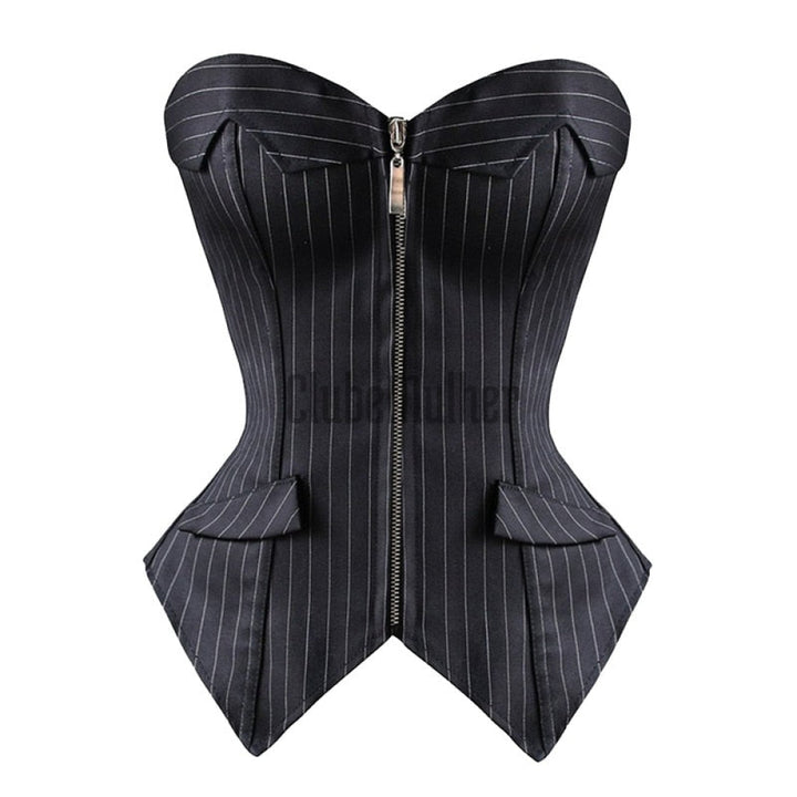 Sapubonva Sexy Black Striped Overbust Corset Office Lady Corselet Women Zip Bustier Strapless Tops