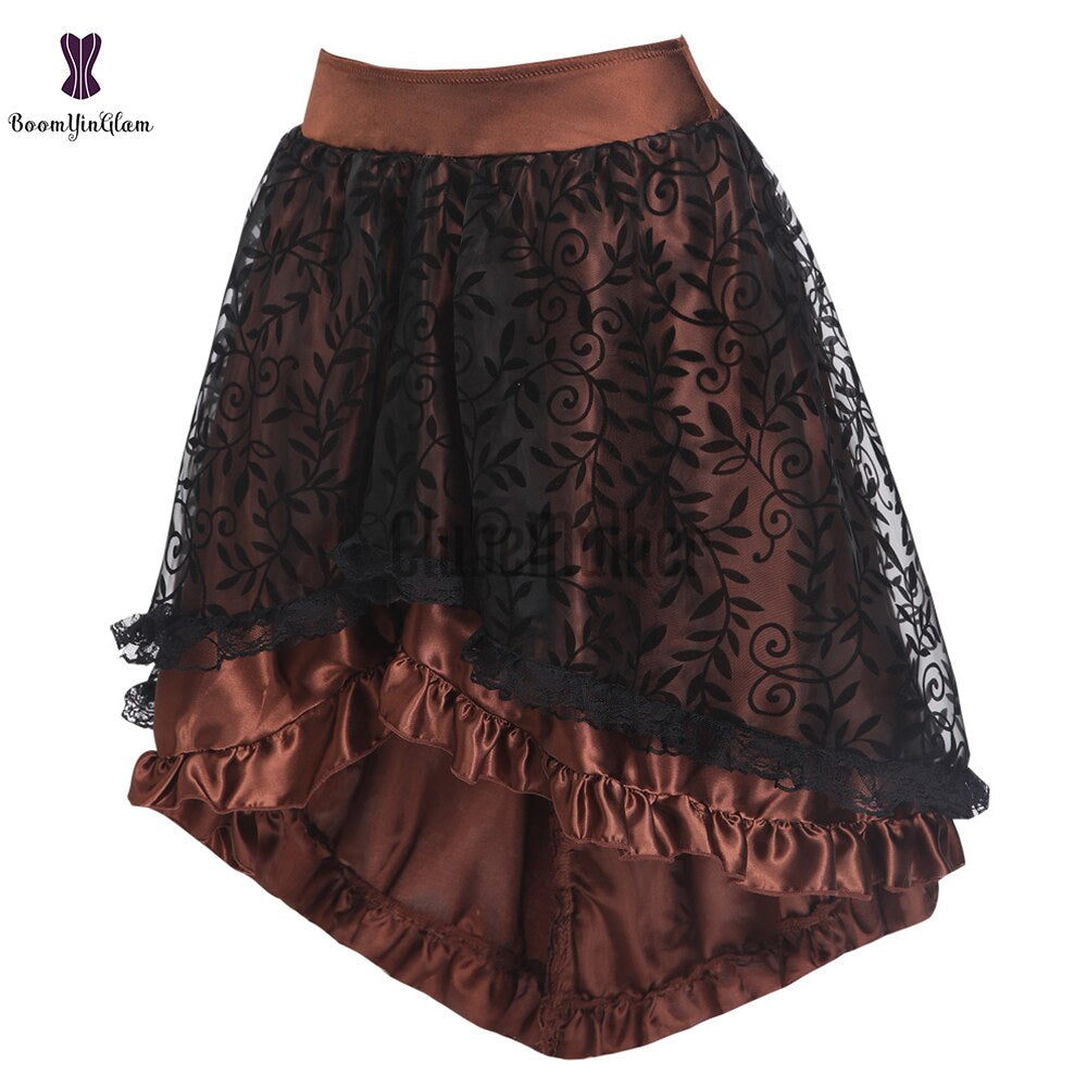Steampunk Vintage Corset Skirt Plus Size 6Xl Black Coffee Back Zipper Closure Lace Overlay Gothic